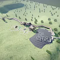 Park Landscape With Modern Architectural Structures Green Lawns Trees And Open Sky