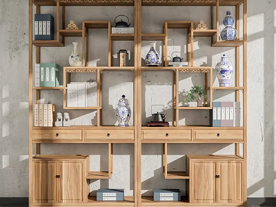 Traditional Chinese Wooden Display Shelf With Blue White Vases Books Small Plants And Drawers 3d model