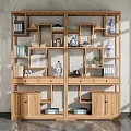Traditional Chinese Wooden Display Shelf With Blue White Vases Books Small Plants And Drawers
