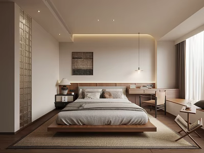 Modern Minimalist Bedroom Interior Featuring Wooden Bed Gray Linens Desk And Natural Light 3d model