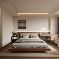 Modern Minimalist Bedroom Interior Featuring Wooden Bed Gray Linens Desk And Natural Light