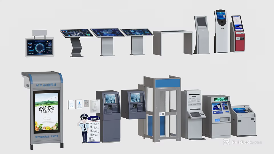 Public Facilities Featuring Various Self-service Devices Touchscreen Terminals Information Kiosks And Access Control Systems 3d model