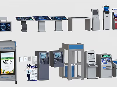 Public Facilities Featuring Various Self-service Devices Touchscreen Terminals Information Kiosks And Access Control Systems 3d model