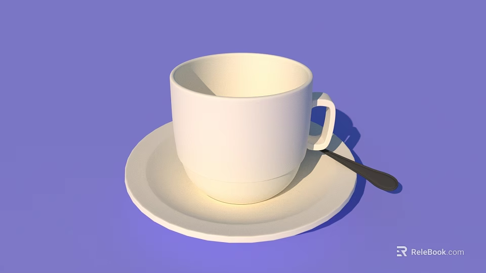 White Cup on a White Saucer with a Black Spoon on Purple Background 3d model 