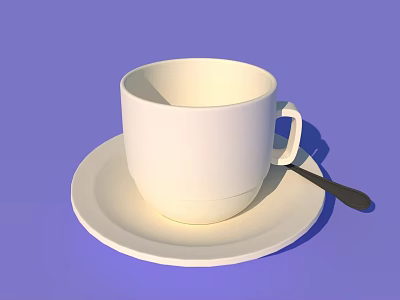 White Cup on a White Saucer with a Black Spoon on Purple Background 3d model