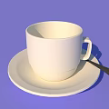 White Cup on a White Saucer with a Black Spoon on Purple Background