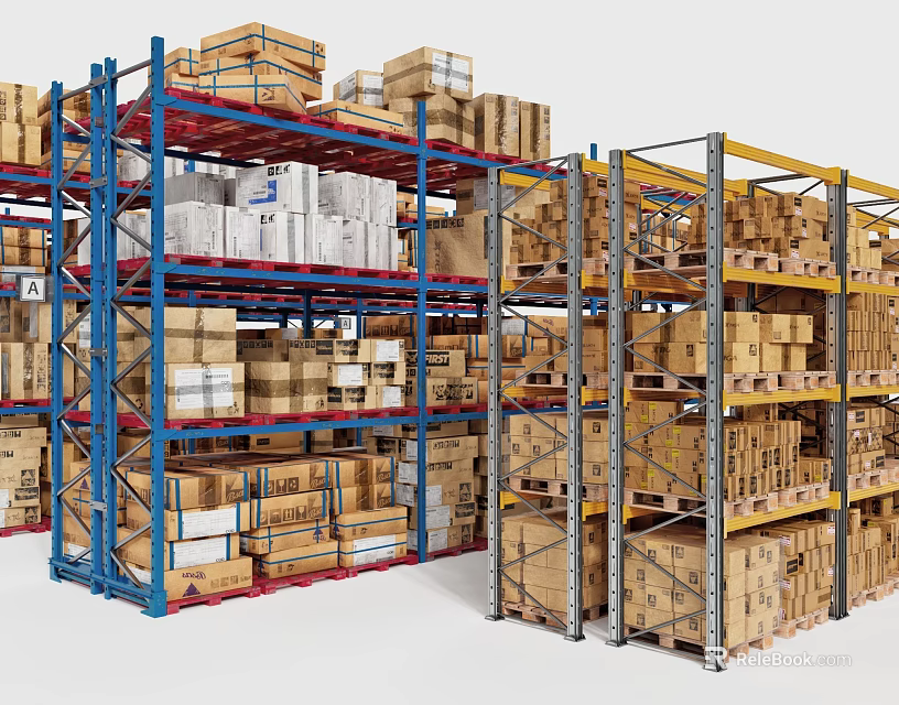Industrial Warehouse Storage Racks Filled with Stacked Cartons and Boxes 3d model