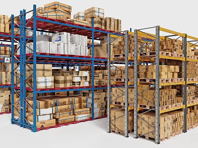 Industrial Warehouse Storage Racks Filled with Stacked Cartons and Boxes 3d model