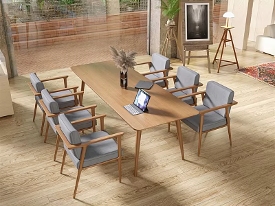 Modern Wooden Conference Table with Gray Chairs and Laptop in Office 3d model