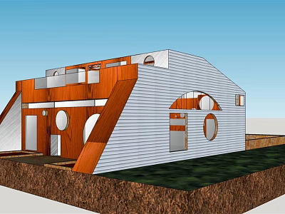 Unique Detached Villa With Sloped Roof White Exterior Orange Wooden Accents And Circular Windows 3d model