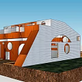 Unique Detached Villa With Sloped Roof White Exterior Orange Wooden Accents And Circular Windows