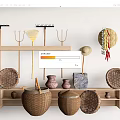 Rustic Farmhouse Decor With Wooden Shelves Rakes Forks Straw Hat And Woven Baskets