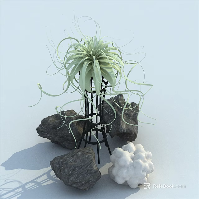 Long Trailing Leaves Green Plant On Black Metal Stand With Gray Stones White Cloud Objects 3d model 