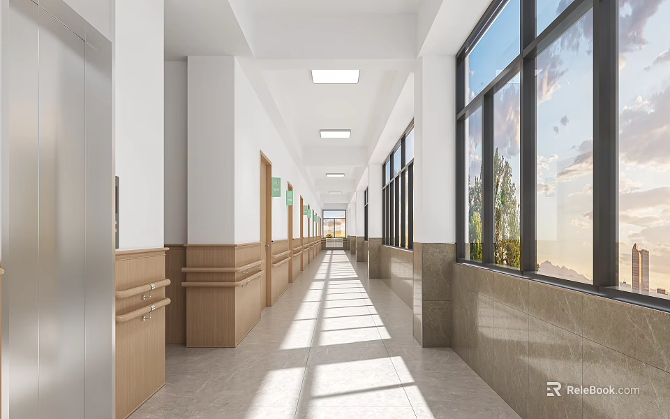 Spacious Office Corridor With Large Windows Natural Light And Wooden Accent Walls 3d model 