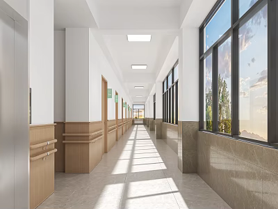 Spacious Office Corridor With Large Windows Natural Light And Wooden Accent Walls 3d model