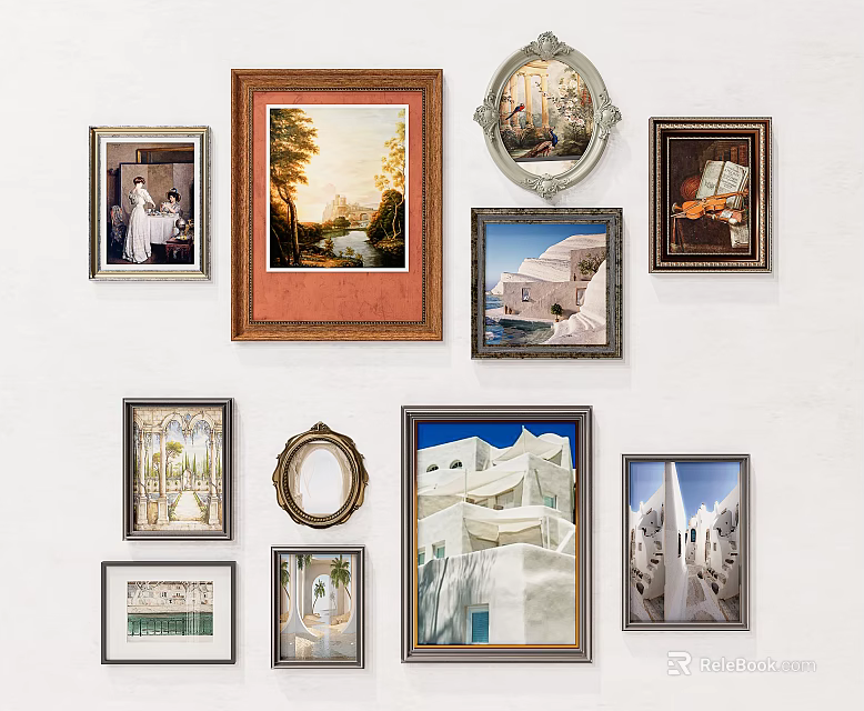 Diverse Framed Artworks On White Wall With Various Styles And 3d model 