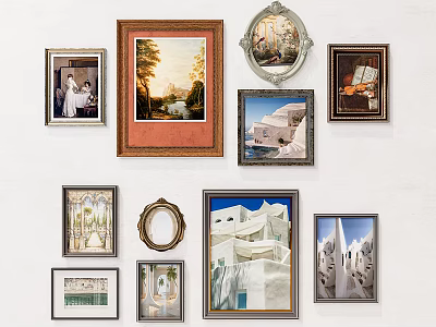 Diverse Framed Artworks On White Wall With Various Styles And 3d model