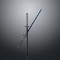 Medieval Decorative Sword With Intricate Hilt Long Sharp Blade Displayed On Metal Stand