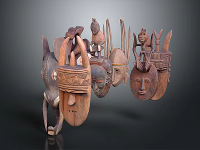 Traditional Handcrafted Wooden Sculpture Carvings With Tribal Masks And Geometric Designs 3d model