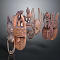 Traditional Handcrafted Wooden Sculpture Carvings With Tribal Masks And Geometric Designs