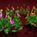 Cartoon Scene Of Colorful Flowers With Red Yellow Petals And Green Leaves On Red Background