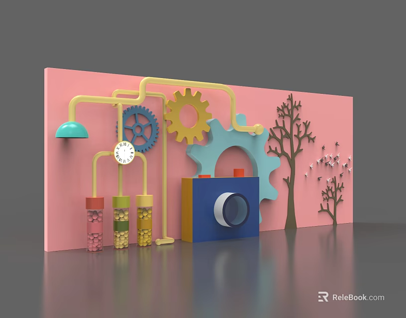 Creative Wall Decor With Pink Background Gears Camera Trees Test Tubes Lamp And Clock 3d model