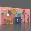 Creative Wall Decor With Pink Background Gears Camera Trees Test Tubes Lamp And Clock 3d model