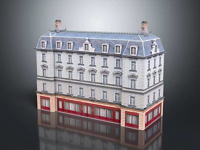 Classic Residential Building With Gray Roof White Walls Red Ground Floor Facade And Chimneys 3d model