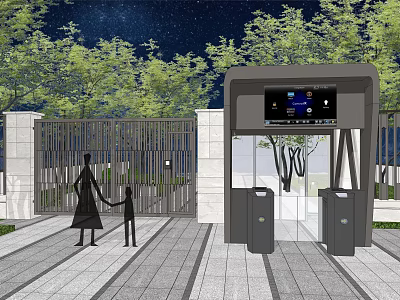 Building Exterior Wall With Modern Gate Trees And Starry Night Sky 3d model