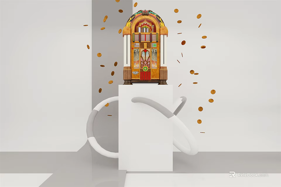 Golden Jukebox Entertainment Appliance With Scattered Coins On White Platform 3d model 