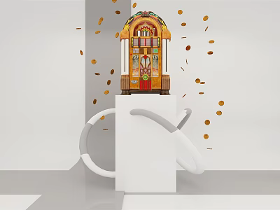 Golden Jukebox Entertainment Appliance With Scattered Coins On White Platform 3d model