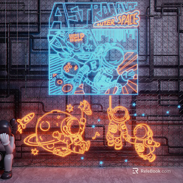 Space Theme Decorative Neon Lights Featuring Astronauts Planets Rockets Blue Orange on Grid Wall 3d model