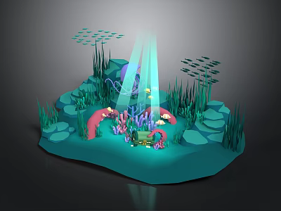 Underwater Scene With Pink Coral Green Seagrass Rocky Platforms Fish Schools And Light Beams 3d model