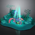 Underwater Scene With Pink Coral Green Seagrass Rocky Platforms Fish Schools And Light Beams