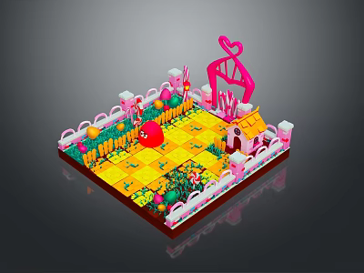 Colorful Decorative Scene With Pink Heart Shaped Decoration Small House Fence Yellow Floor And Flowers 3d model