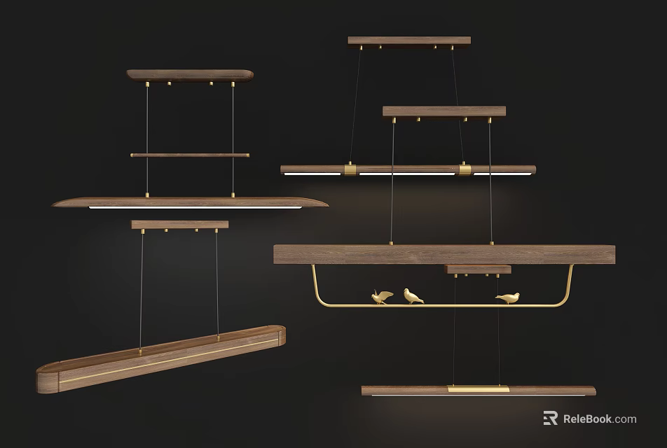 Modern Wooden Chandeliers With Brass Accents And Linear Design For Interior Decoration 3d model 