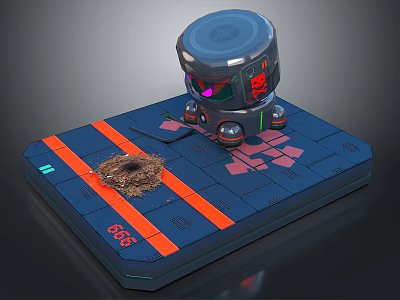Metallic Robot With Dome Head On Blue Platform Featuring Orange Stripes And Dirt Pile 3d model