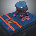 Metallic Robot With Dome Head On Blue Platform Featuring Orange Stripes And Dirt Pile