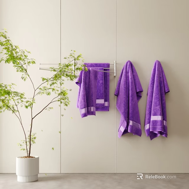 Purple Towels Hanging on Metal Rack with Green Potted Plant Indoor 3d model 