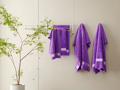 Purple Towels Hanging on Metal Rack with Green Potted Plant Indoor 3d model