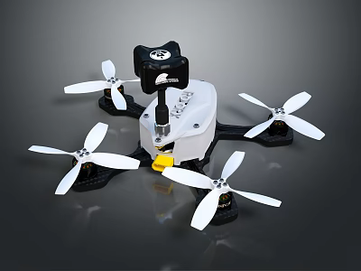 Quadcopter Drone With White Body Black Components And Camera On Top 3d model