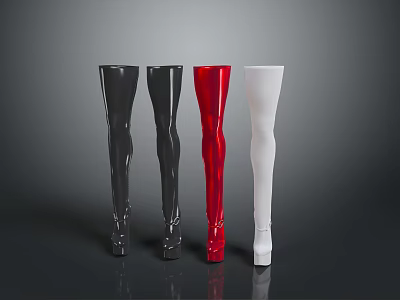 Stylish Shiny Over The Knee Boots In Black Red White Standing Side By Side On Dark Background 3d model