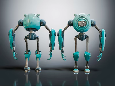 Two Teal Mechanical Robots With Detailed Body Structure And Limb Design 3d model