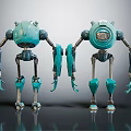 Two Teal Mechanical Robots With Detailed Body Structure And Limb Design