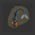 Blue Scaly Dragon with Long Tail Interacting with Orange Puffy Fish on Sandy Ground
