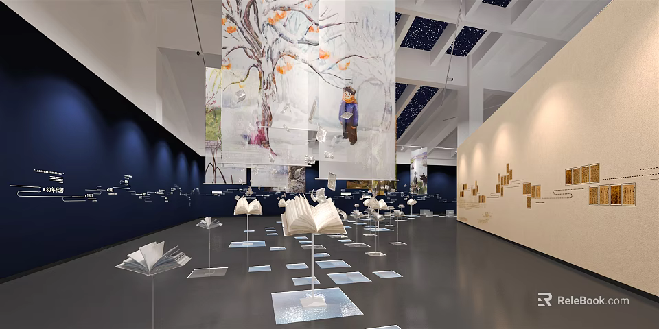 Art Exhibition Space With Large Mural Sculptures And Book Shaped Installations 3d model 