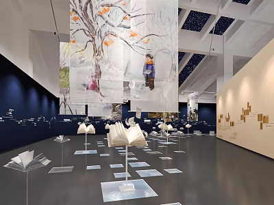 Art Exhibition Space With Large Mural Sculptures And Book Shaped Installations 3d model