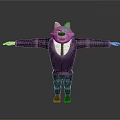 Cartoon Wolf Game Movie Character in Purple Suit With Tie And Sunglasses Arms Outstretched On Gray Background