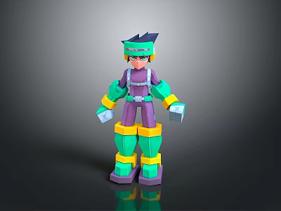 Man 3D Model With Purple Green Outfit Yellow Legs Blue Hair And Futuristic Mecha Style 3d model