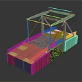 Pedestrian Bridge Structure Featuring Metal Frame Brown Deck Orange Base And Green Vegetation